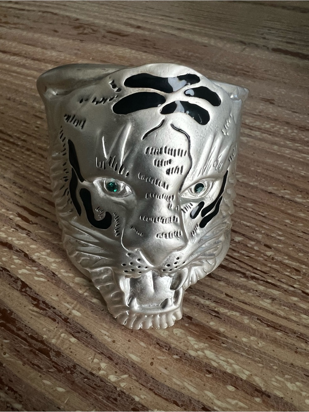 Vintage 80-90’ Silver Tiger Head Cuff Bracelet with Black Accents and Green Eyes